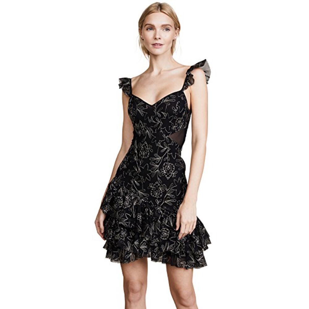 Cinq à Sept 10 Enid Embroidered Ruffle Mini Dress Cocktail Party Black Evening